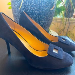Charlotte Olympia navy suede heels, sz 38 1/2, excellent used condition